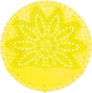 Gele ronde VividAir urinoirmat Citrus Fusion met een diameter van 17 cm