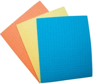 Drie OFFICE products sponsdoekjes van 16 x 18 cm in geel, roze en blauw