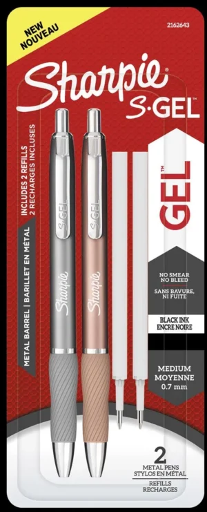 Sharpie S-gel roller, medium punt, zwarte inkt, blister van 2 stuks in metallic kleuren met 2 vullingen — gelroller