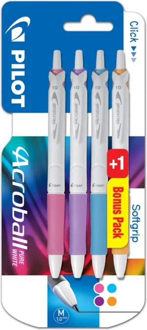 Blister Pilot Acroball Pure White balpennen in roze, lichtblauw, paars en oranje