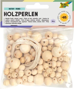 Blister met 84 Folia houten parels in natuurkleur en geassorteerde maten