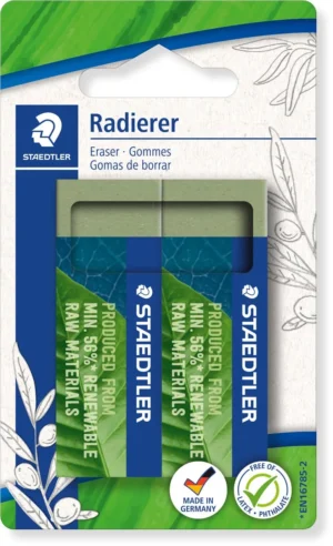 Staedtler gum Eco, olijfgroen, ft 65 x 23 x 13 mm, blister van 2 stuks — gummen voor potlood