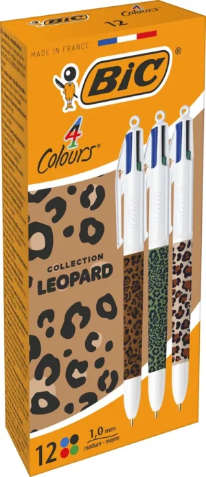 Bic 4-kleurenbalpen Leopard, doos van 12 stuks, assorti