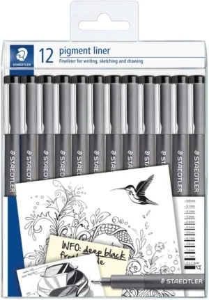 Staedtler pigment liner fineliner, verschillende schrijfbreedtes, set van 12 stuks, zwart — school- en tekenfineliners