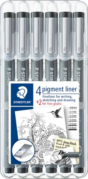 Staedtler pigment liner fineliner, ronde punt, verschillende schrijfbreedtes, etui van 4 + 2, zwart — school- en tekenfineliners