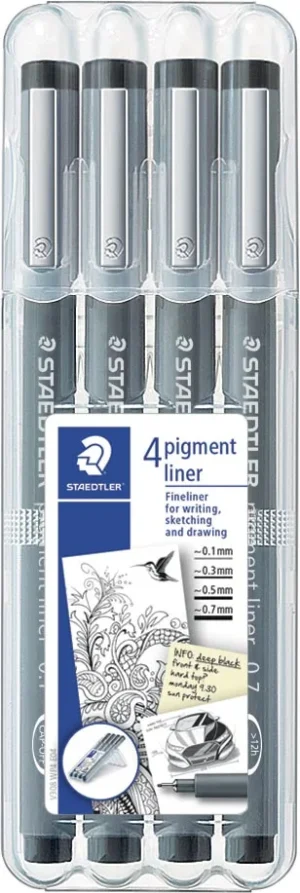 Staedtler fineliner Pigment Liner opstelbare box met 4 stuks (0,1 - 0,3 - 0,5 en 0,7 mm) — school- en tekenfineliners