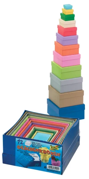 Set van twaalf vierkante Folia geschenkdozen van stevig karton in verschillende kleuren