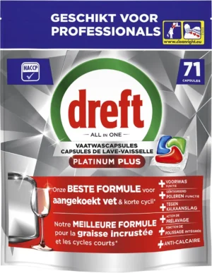 Dreft Pro Platinum Plus vaatwastabletten, Regular, pak van 71 capsules — afwasproduct