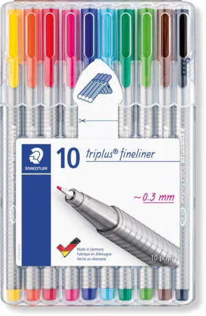 Staedtler fineliner Triplus geassorteerde kleuren, opstelbare box met 10 stuks — school- en tekenfineliners