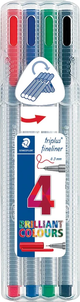Staedtler fineliner Triplus geassorteerde kleuren, opstelbare box met 4 stuks — school- en tekenfineliners