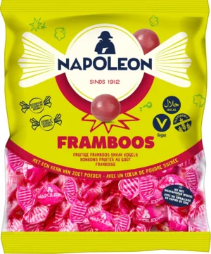 Zak Napoleon framboossnoepjes van 1 kg met individueel verpakte harde kogels