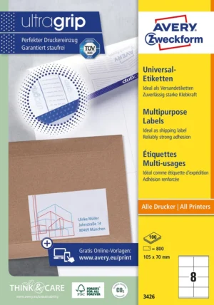 Avery Zweckform 3426, Universele etiketten, Ultragrip, wit, 100 vel, 8 per vel, ft 105 x 70 mm — multifunctionele etiketten