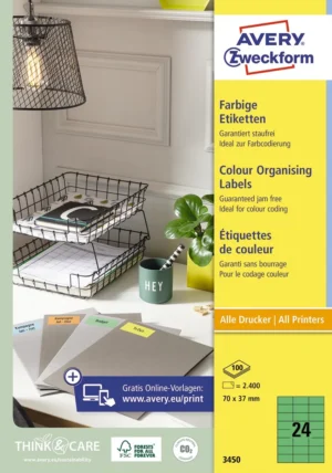 Avery gekleurde universele etiketten ft 70 x 37 mm (b x h), 2400 stuks, groen — gekleurde etiketten