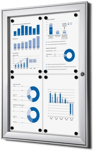 Witte wandvitrine voor 4 x A4 met aluminium lijst en polycarbonaat voorruit