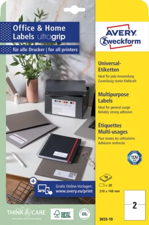 Avery Zweckform universele etiketten, 210 x 148 mm, wit, permanent klevend, 20 etiketten, 10 vellen — gekleurde etiketten
