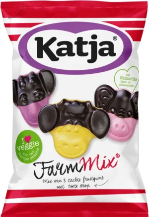 Katja Farm Mix snoep, mix van 3 zachte fruitgums met zoete drop, zak van 255 g — drank en eetwaren