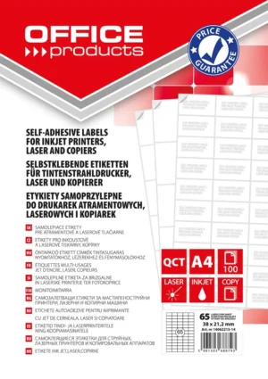 OFFICE products etiketten, wit, rechte hoeken, 100 vel, 38 x 21,2 mm, 65 etiketten per vel — multifunctionele etiketten
