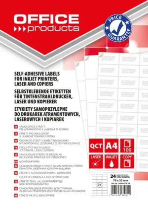 OFFICE products etiketten, wit, rechte hoeken, 100 vel, 70 x 35 mm, 24 etiketten per vel — multifunctionele etiketten