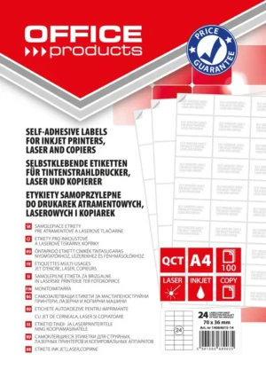 OFFICE products etiketten, wit, rechte hoeken, 100 vel, 70 x 36 mm, 24 etiketten per vel — multifunctionele etiketten