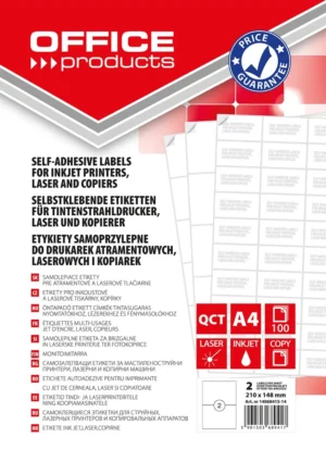 OFFICE products etiketten, wit, rechte hoeken, 100 vel, 210 x 148 mm, 2 etiketten per vel — multifunctionele etiketten