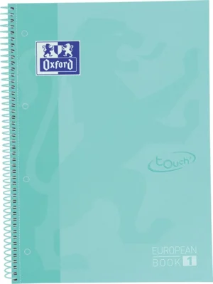 Oxford School Touch Europeanbook spiraalblok, ft A4+, 160 bladzijden, geruit 5 mm, pastel turquoise — collegeblok