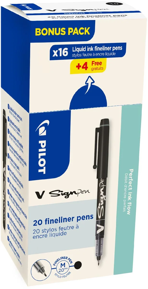 Pilot fineliner V-Sign Pen, doos van 16 + 4 stuks, zwart — office fineliners