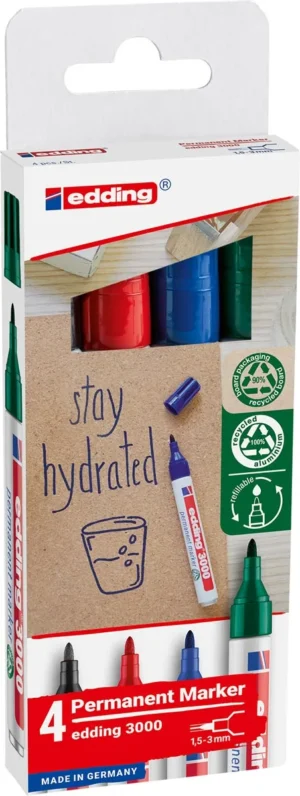 Edding permanent marker 3000, geassorteerde kleuren, blister van 4 stuks — permanent markers