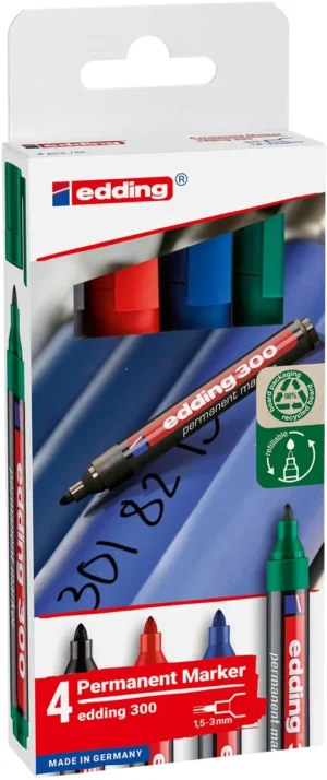 Edding permanent marker 300, geassorteerde kleuren, blister van 4 stuks — permanent markers