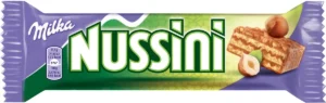 Paarse Milka Nussini reep chocolademelk en hazelnoot van 31,5 g