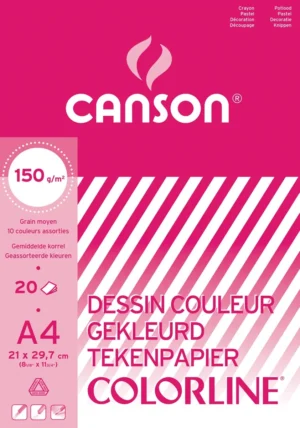 Canson tekenpapier Colorline, 150 g, ft 21 x 29,7 cm, A4, geassorteerde kleuren, blok van 20 vel — gekleurd tekenpapier