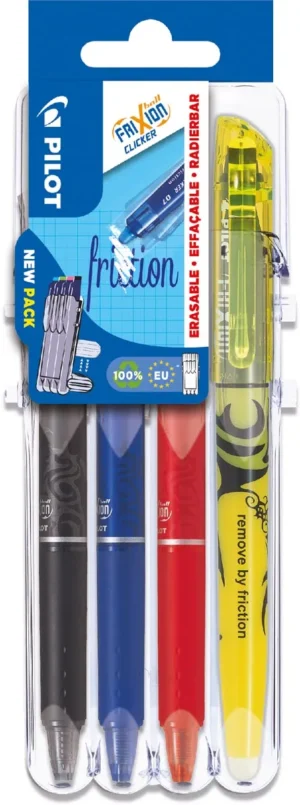 Pilot roller Frixion Ball Clicker, Set 2 Go blister van 4 stuks: zwart, blauw, rood en Light geel — gelroller