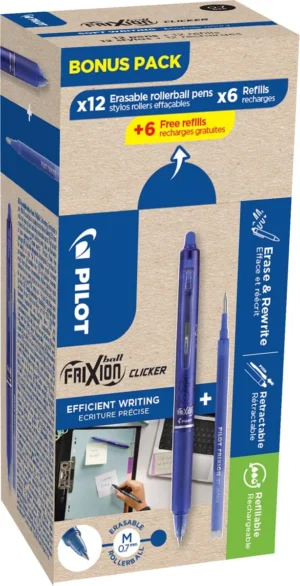 Pilot Frixion Ball Clicker, 12 rollers en 6+6 vullingen 0,7 mm, blauw — gelroller