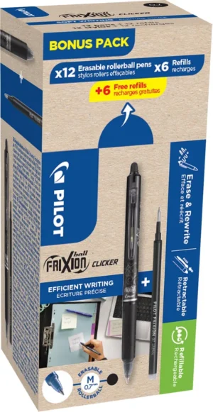 Pilot Frixion Ball Clicker, 12 rollers en 6+6 vullingen 0,7 mm, zwart — gelroller
