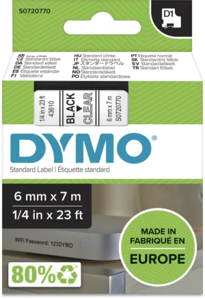 Dymo D1 tape 6 mm, zwart op transparant — tapes en etiketten