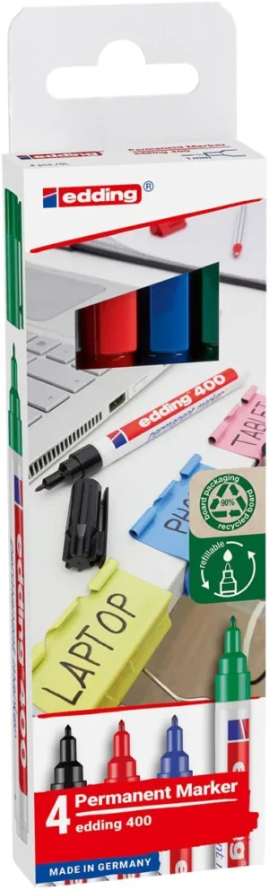 Edding permanent marker 400, geassorteerde kleuren, blister van 4 stuks — permanent markers