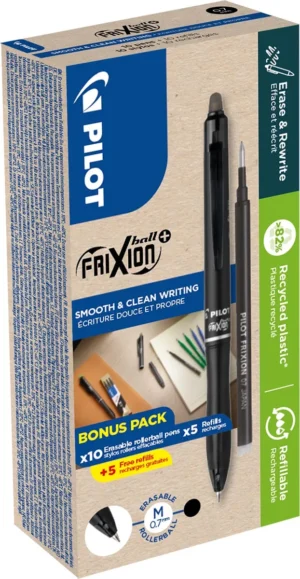 Pilot FriXion Ball Plus roller, medium, zwart, doos van 10 stuks + 10 navullingen — gelroller