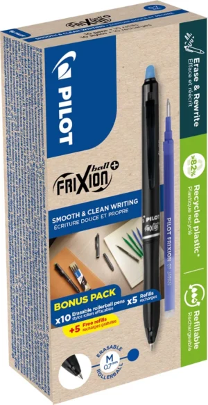 Pilot FriXion Ball Plus roller, medium, blauw, doos van 10 stuks + 10 navullingen — gelroller