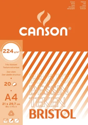 Canson tekenpapier Bristol, 224 g, ft 21 x 29,7 cm, A4, blok van 20 vel — wit tekenpapier