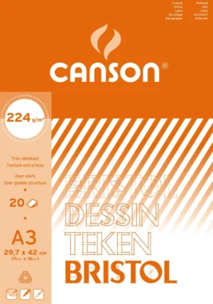 Canson tekenpapier Bristol, 224 g, ft 29,7 x 42 cm, A3, blok van 20 vel — wit tekenpapier