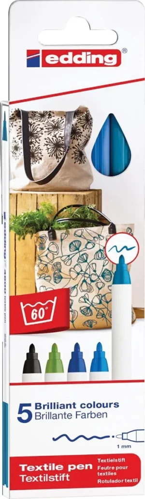 Edding textielstift 4600, set van 5 stuks in geassorteerde koude kleuren — speciale stiften