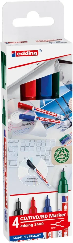 Edding permanent marker CD/DVD/BD 8400, geassorteerde kleuren, blister van 4 stuks — cd/dvd-marker