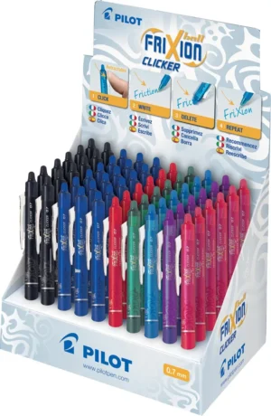 Display met 60 Pilot FriXion Ball Clicker rollers in geassorteerde kleuren