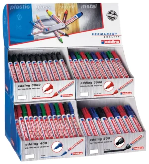 edding display met 109 permanent markers in zwart, blauw, rood en groen