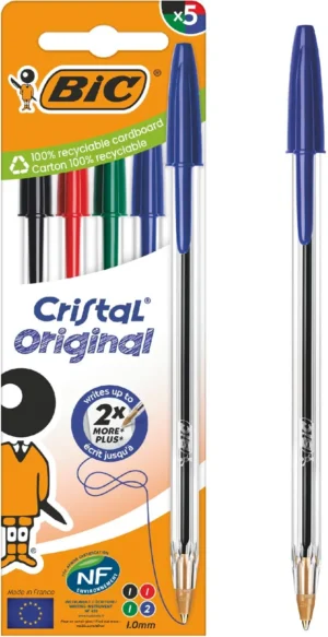 Bic Cristal balpen, medium, blister van 5 stuks: zwart, rood, groen en 2 x blauw — detail 2