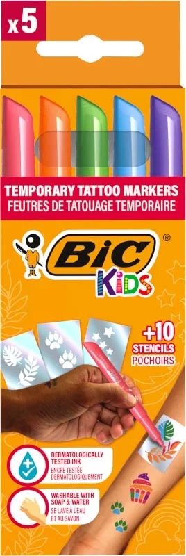 Bic Kids tattoo marker set, assorti, set van 5 pennen en 10 stencils — speciale stiften