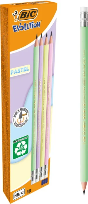Bic grafietpotlood Evolution Pastel HB met gom, doos van 12 stuks, assorti