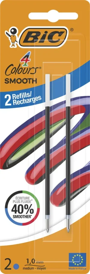 BIC vulling voor balpen 4 Colours Smooth, medium, blister van 2 stuks, blauw — balpenvulling