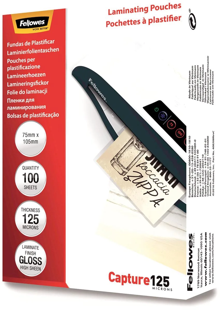 Fellowes lamineerhoes Capture125 ft 75 x 105 mm, 250 micron (2 x 125 micron), pak van 100 stuks — detail 2
