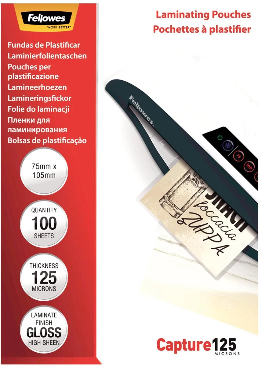 Fellowes lamineerhoes Capture125 ft 75 x 105 mm, 250 micron (2 x 125 micron), pak van 100 stuks — toebehoren voor lamineermachines