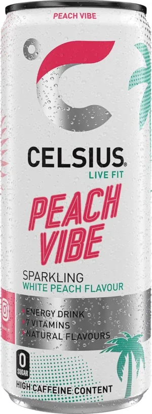 Celsius Peach Vibe, blik van 25 cl, pak van 12 stuks — drank en eetwaren